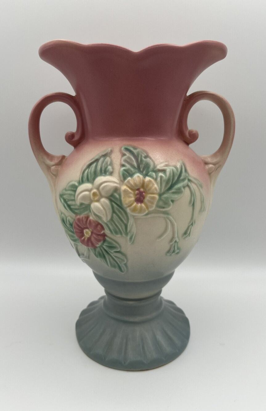 Hull Pottery W-14 Pink Yellow Blue Floral Vase 10.5” Vintage 1940s Double Handle